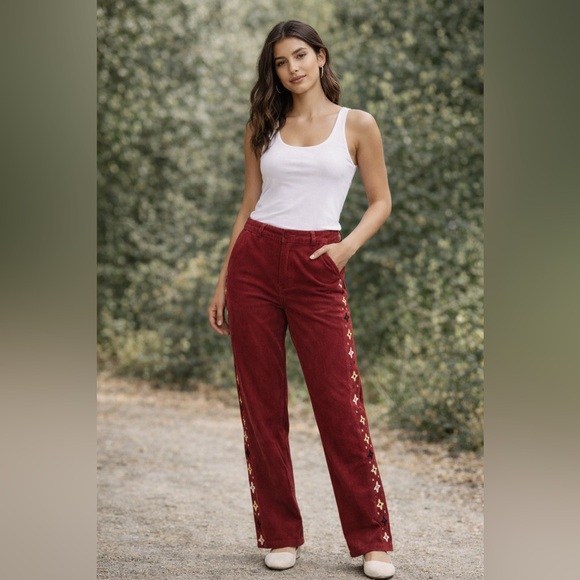 J. McLaughlin Red Maroon Corduroy Pants Star Embroidery Straight Leg Size 4 Boho - Picture 13 of 13